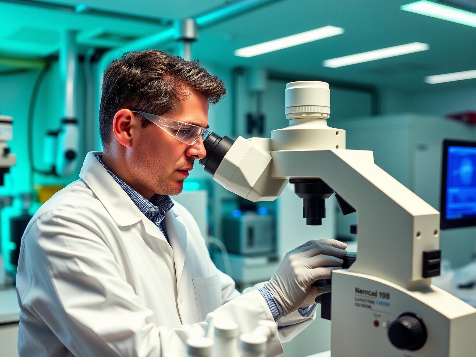 Scientist at scanning electron microscope