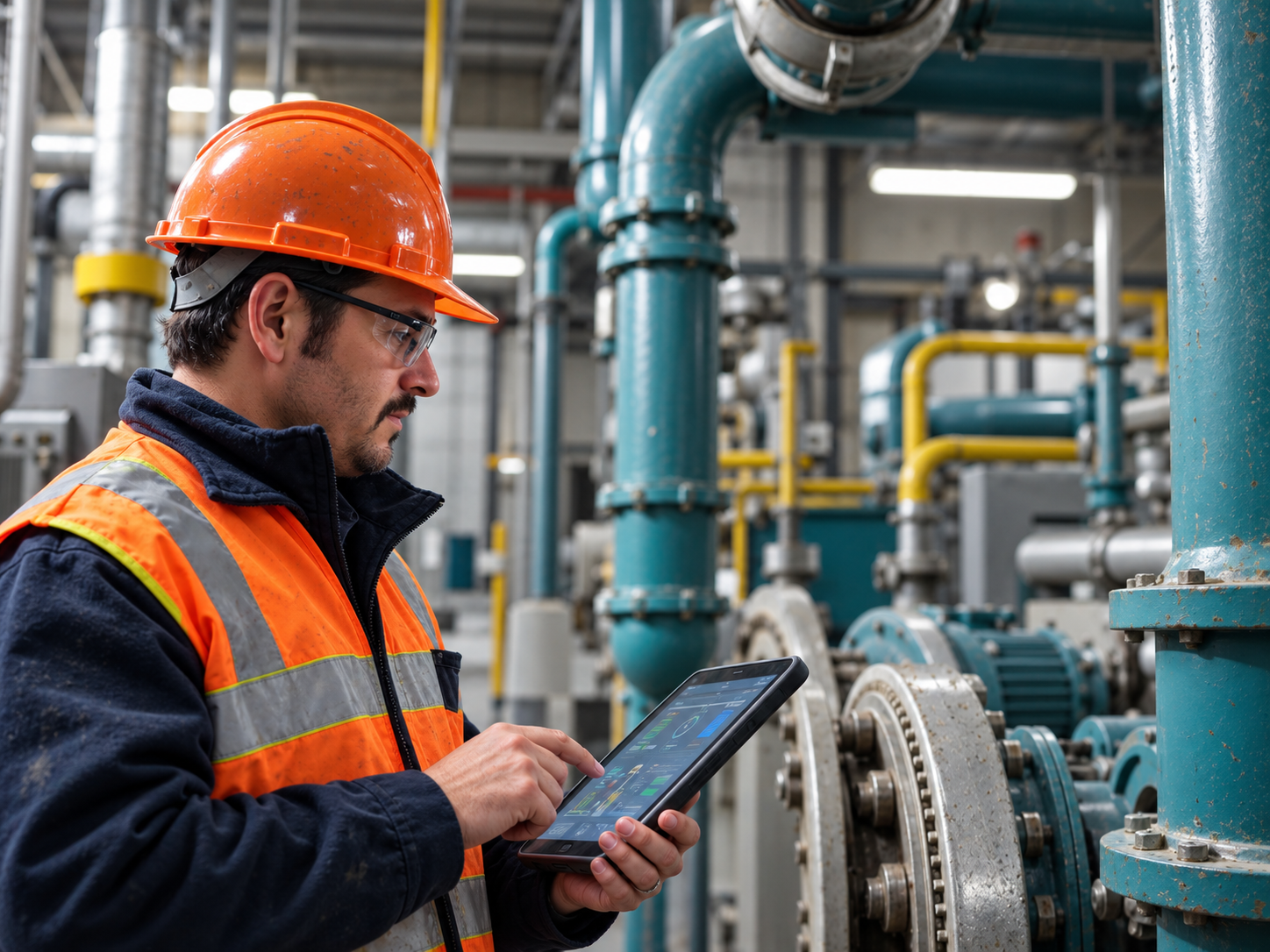 Field engineer inspecting water treatment controls